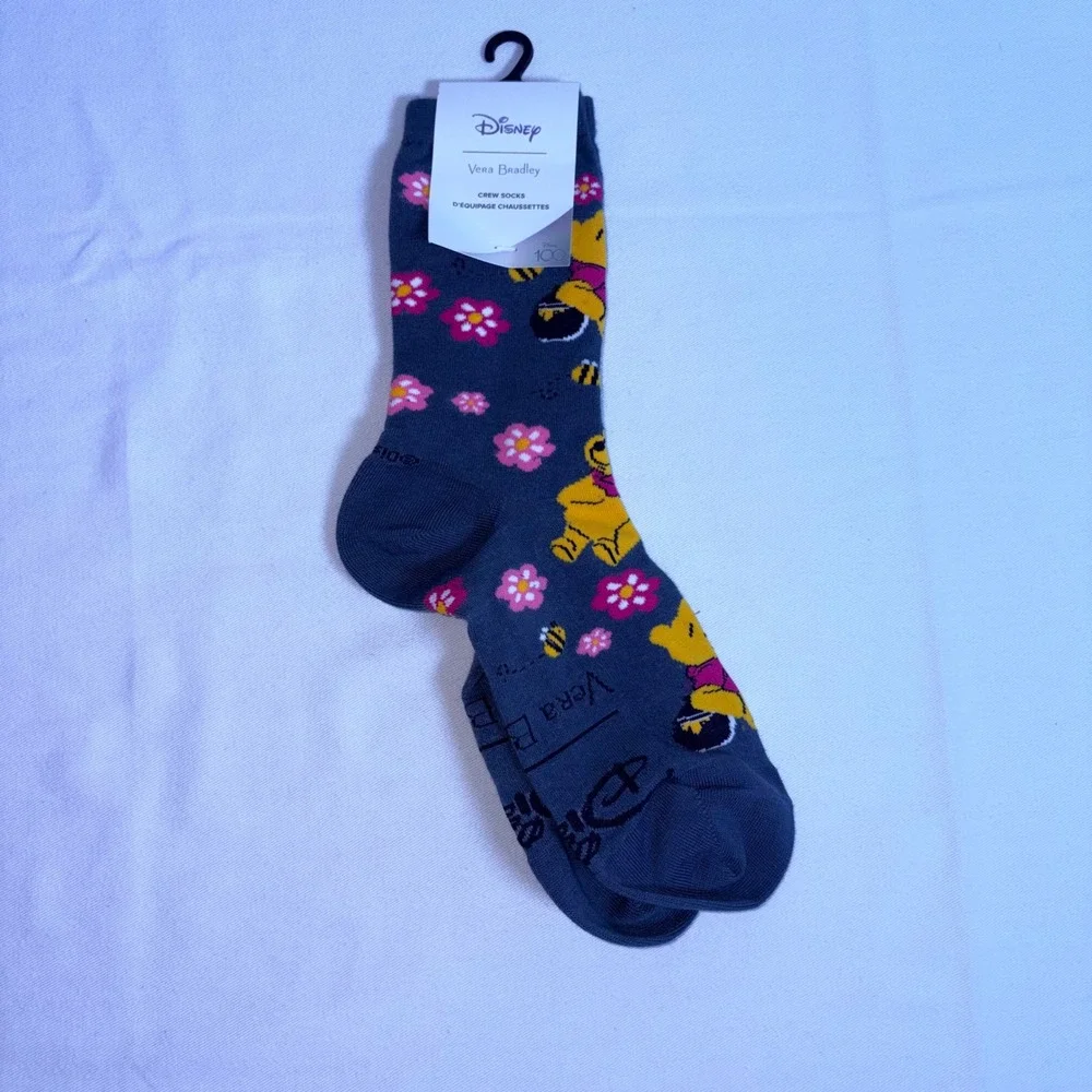 Vera Bradley Disney Winnie the Pooh Crew Socks 9-11 Blue Floral Bee Disney 100